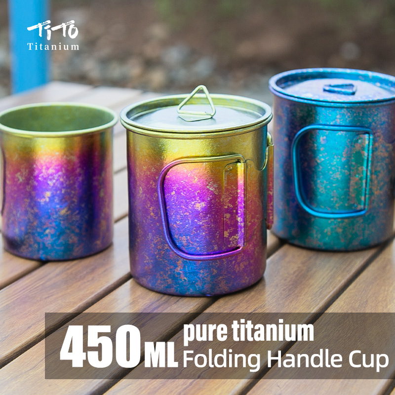 TiTo Titanium Cup Titanium Pot with Lid Ultralight Portable 450ml Foldable Handle Camping Tea Coffee Water Mug for Outdoor Backpacking Hiking Picnic Drinkware with Mesh Sack - Image 2