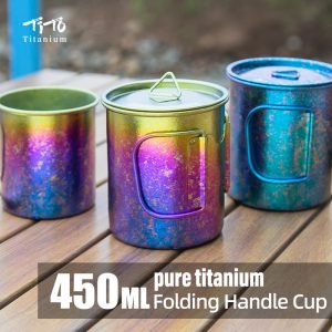 TiTo Titanium Cup Titanium Pot with Lid Ultralight Portable 450ml Foldable Handle Camping Tea Coffee Water Mug for Outdoor Backpacking Hiking Picnic Drinkware with Mesh Sack
