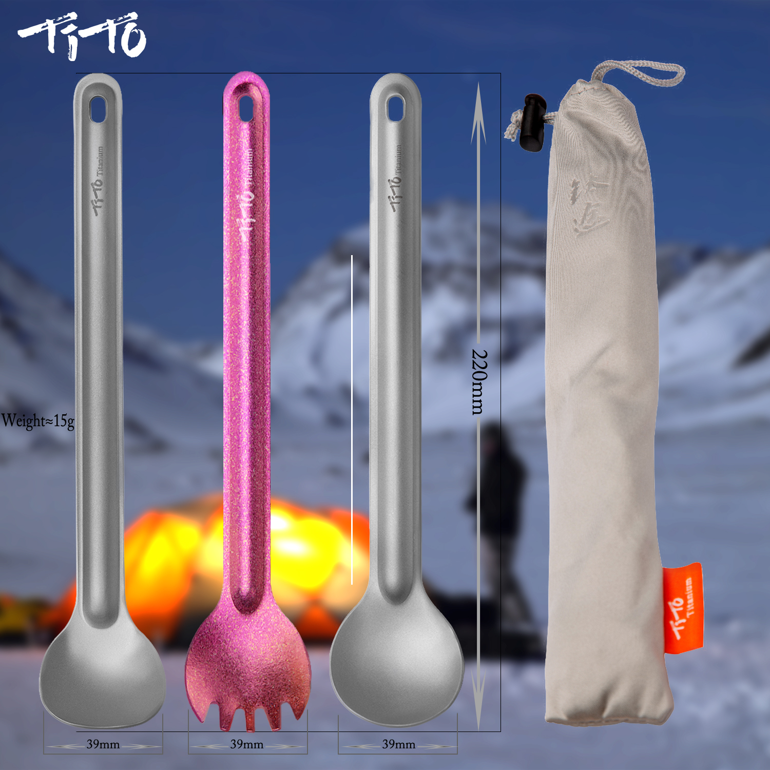 TiTo Bright Colorful Titanium Spork for Outdoor Camping Light Weight Titanium Spoon for Travel Home with Cloth Bag - Image 6
